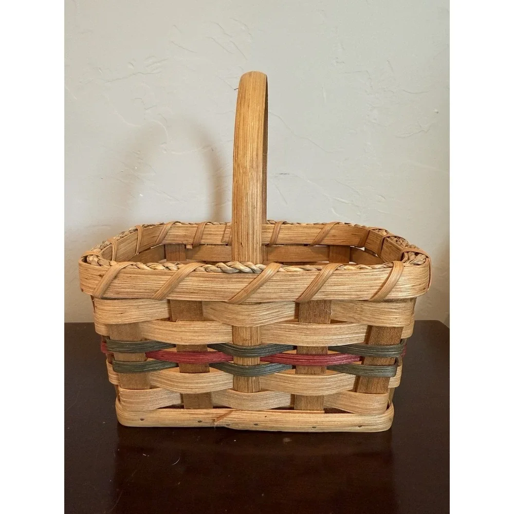 Hand Crafted Woven Double Wine Basket 3 Tone Wood With Handle Signed Dated 2006